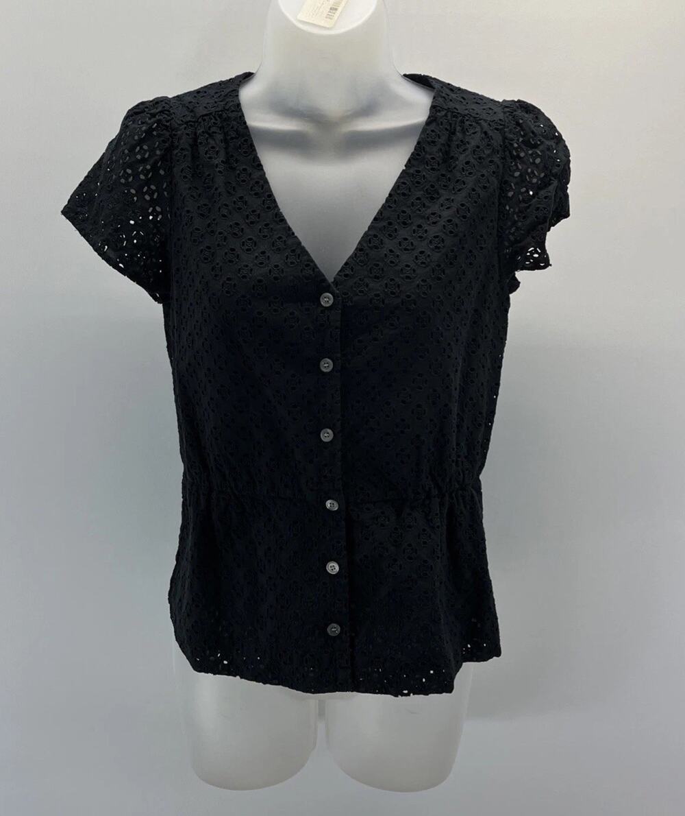 J. Crew Woman's Black Eyelet Button Front Short Sleeve Peplum Top Size 2